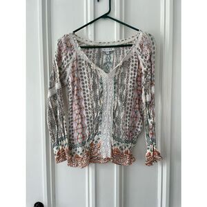 Hiche cream black turquoise orange pink boho blouse w/ lace snd tassels S